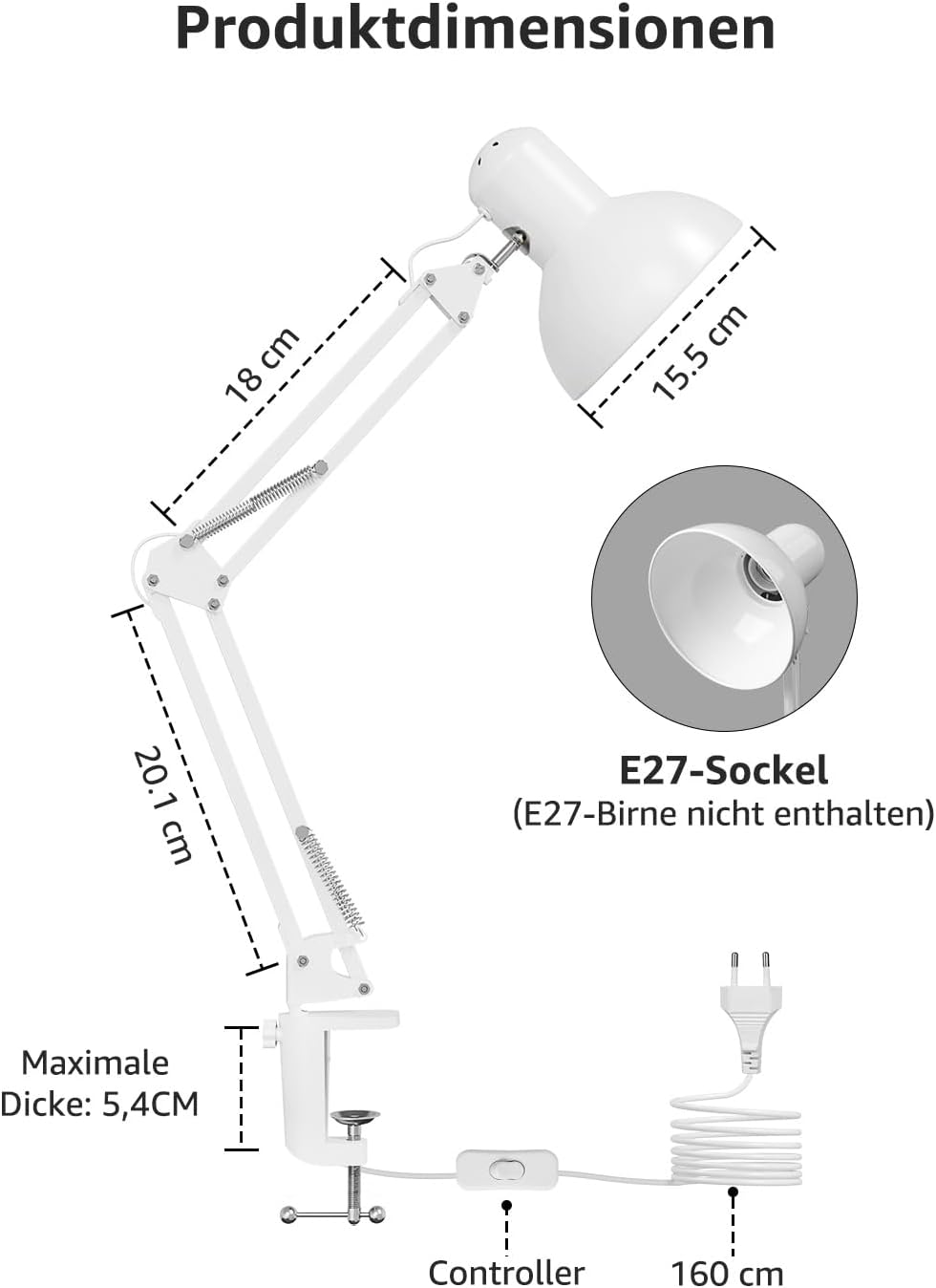Lepro Schreibtischlampe Retro, Klemmbare Tischlampe E27, LED Büro Leselampe Nachttischlampe Verstellbare, Gelenk-Arm, schwenkbar, Tageslichtlampe Schreibtisch leuchte, HxBxT: 38 x 15 x 27cm, Weiß