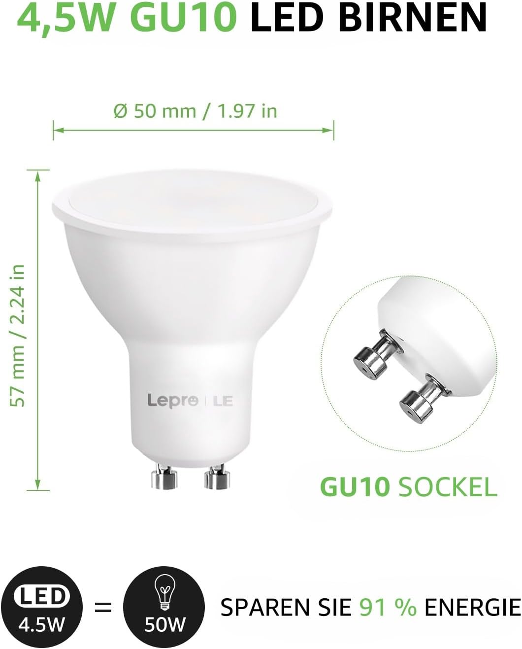 Lepro 4.5W Smart GU10 LED Lampen, Warmweiß und Kaltweiß, Dimmbar LED Leuchtmittel, WLAN LED Birnen, Ersatz für 50W Halogenglühlampe, kompatibel mit Alexa und Google Home, Kein Gateway erforderlich