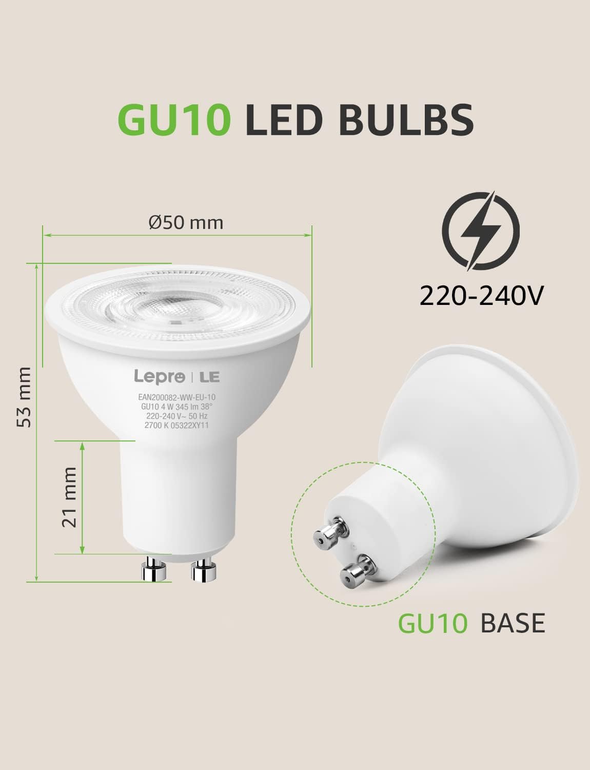 Lepro GU10 LED Lampe, 4W 345 Lumen 38° LED Leuchtmittel, 2700 Kelvin Warmweiß Energiesparlampe ersetzt 50W Halogenlampen, 38 Grad Abstrahlwinkel Glühbirnen, 10 Stück