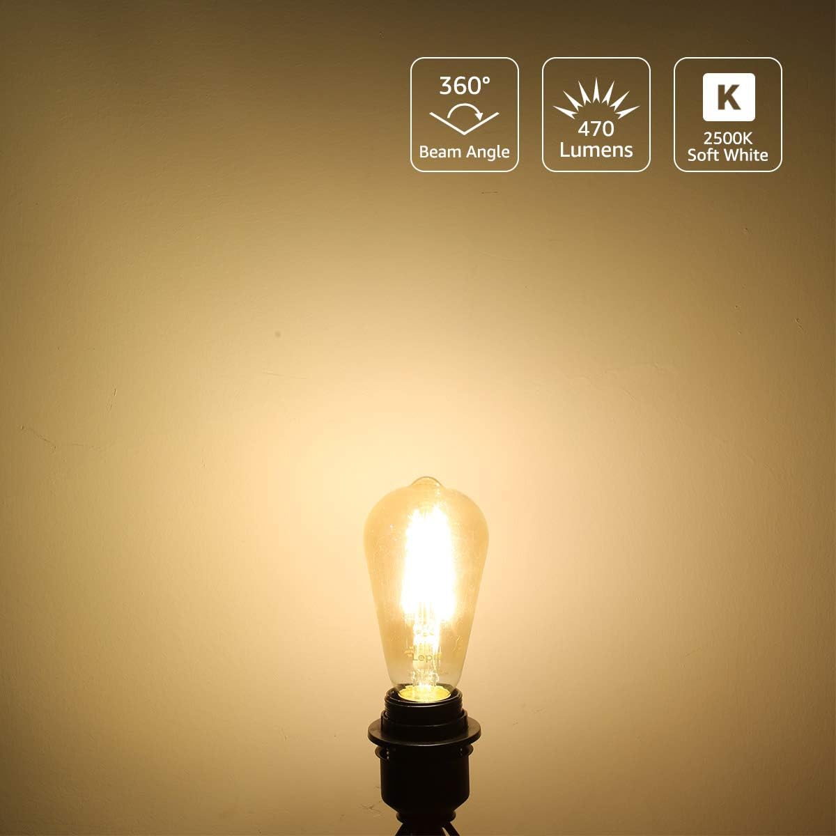 Lepro E27 LED Vintage Glühbirne, 4.8Watt 470 Lumen Birne, Ersetzt 40W ST64 Retro Lampe, 2500Kelvin Warmweiß E27 Retro Beleuchtung, 360° Led Filament, 6er Stück