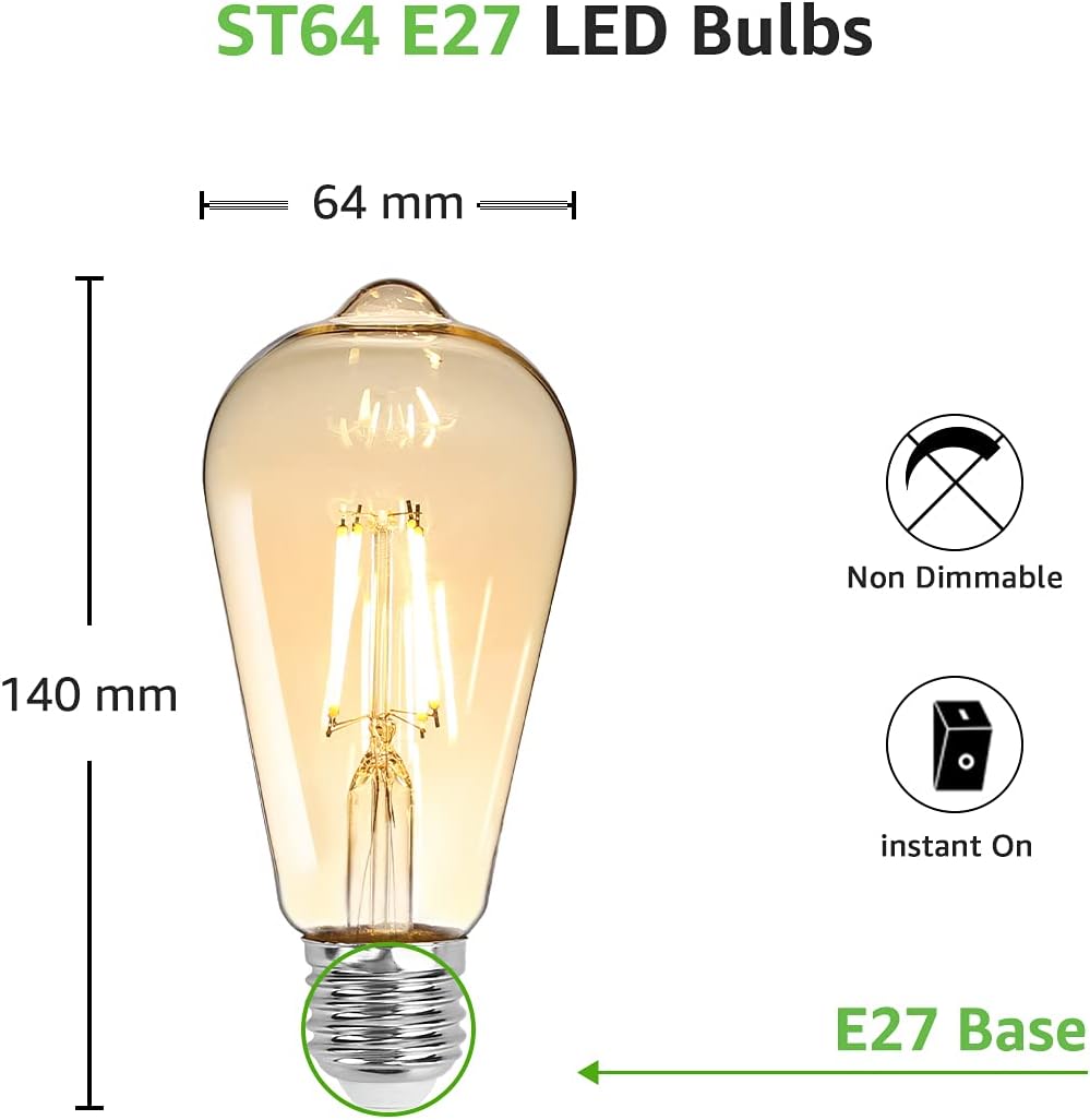 Lepro E27 LED Vintage Glühbirne, 4.8Watt 470 Lumen Birne, Ersetzt 40W ST64 Retro Lampe, 2500Kelvin Warmweiß E27 Retro Beleuchtung, 360° Led Filament, 6er Stück
