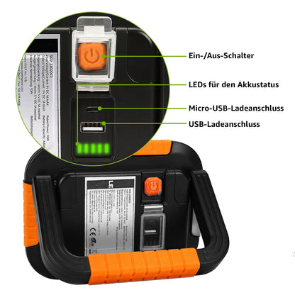 LE Campinglampe Wiederaufladbare Arbeitsleuchte Dimmbar 1000lm, Orange | 10W superhell Baustrahler mit 4400mAh Powerbank, Dimmbar, mit 3 Lichtmodi, für Stromausfällen, Zelt, Camping, Notfall [Energieklasse A]
