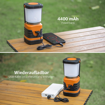 LE Campinglampe wiederaufladbare, 4 Helligkeiten Dimmbar Orange| Superhell Tragbar Suchscheinwerfer mit Bügel und Haken, Notfallleuchte für Stromausfällen, Wandern, Notfall, Ausfälle usw [Energieklasse A]