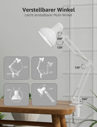Lepro Schreibtischlampe Retro, Klemmbare Tischlampe E27, LED Büro Leselampe Nachttischlampe Verstellbare, Gelenk-Arm, schwenkbar, Tageslichtlampe Schreibtisch leuchte, HxBxT: 38 x 15 x 27cm, Weiß