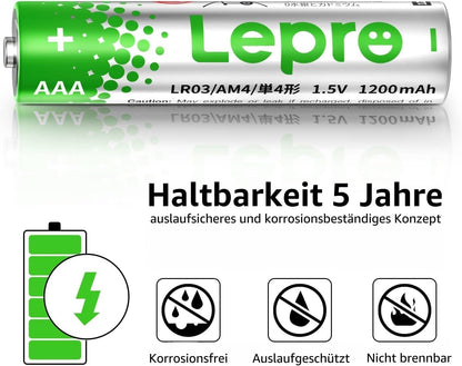 Lepro AAA Batterien, 100 Stück, Alkaline Batterie AAA mit 1.5V - Langlebig, Leistungsstark & Auslaufsicher, Ideal für Fernbedienungen, Spielzeug, Uhren, Taschenlampe UVM
