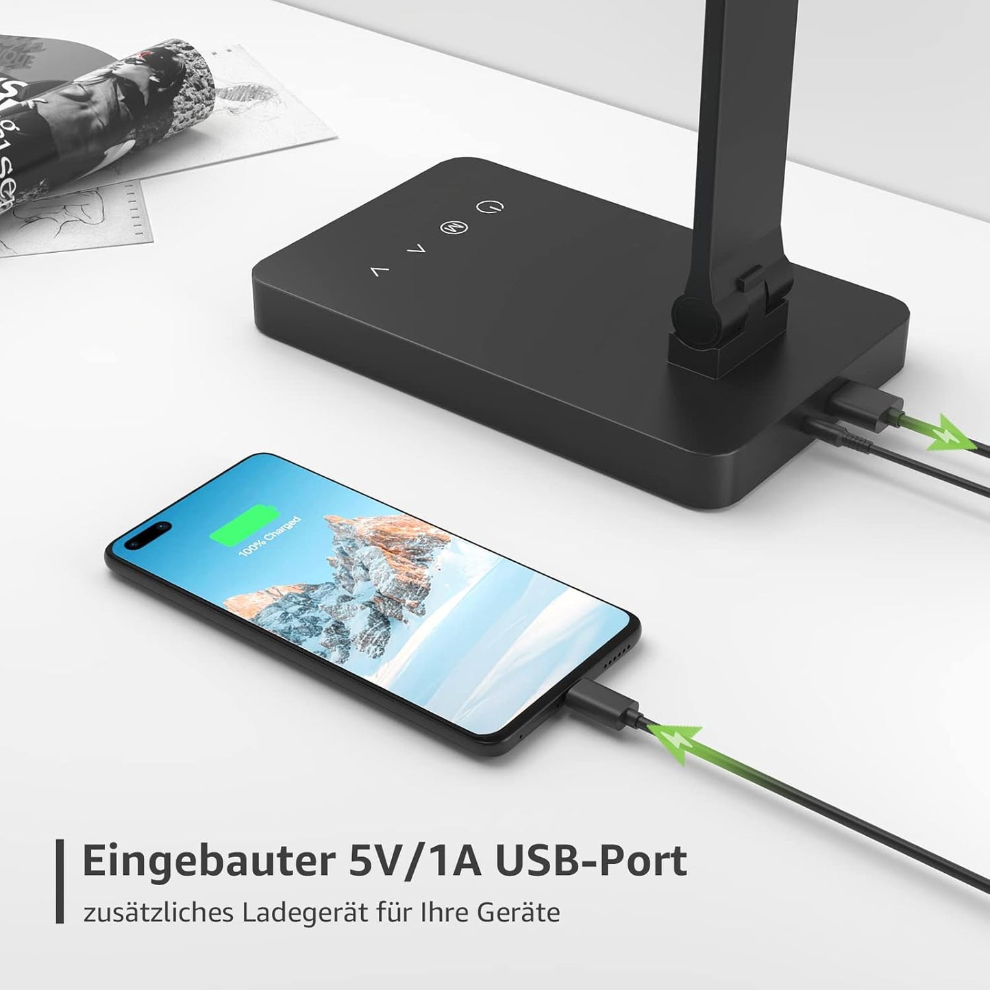 Lepro Schreibtischlampe, LED Tischlampe 15W, 655LM Tischleuchte 3 Farben, 5 Helligkeitsstufen Dimmbar mit USB-Anschluss, Schreibtischleuchte Augenschutz, Leselicht für Büro, Schwarz