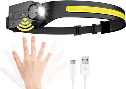 Lepro Stirnlampe Led Wiederaufladbar, Superhell 350 Lumen mit 5 Modi, 230°Weitwinkel Scheinwerfer mit Bewegungsmelder, 1200mAh Kopflampe, IP44 für Wandern Camping Joggen [inkl. USB-C Kabel]