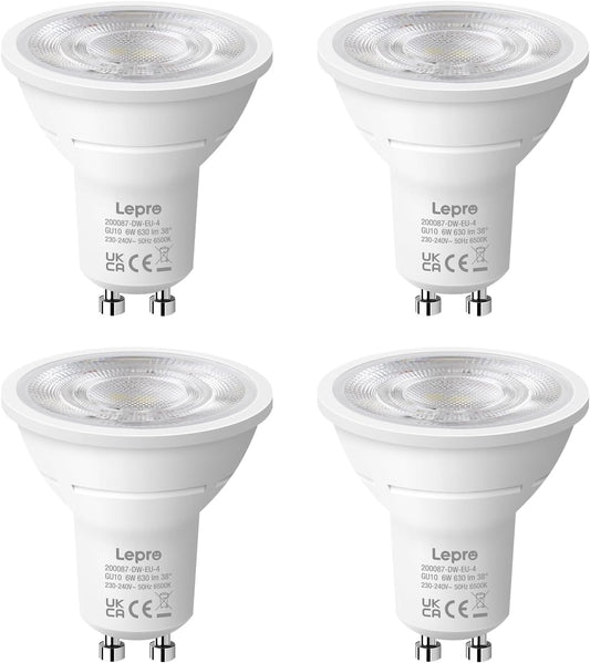 Lepro GU10 LED Kaltweiß 6W Lampe, 6500K Tageslichtweiß, 630 Lumen, 38° Abstrahlwinkel, Nicht dimmbar Reflektorlampe, Energiesparendes GU10 LED Leuchtmittel für Büro, Arbeitszimmer, Flur,4 Stück