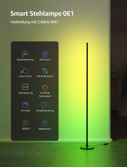 Lepro AI Smart Stehlampe Wohnzimmer OE1, Stehlampe Dimmbar, Sprachsteuerung/Musik Sync/DIY, Personalisierter KI-Lichtdesigner, Kompatibel mit Alexa/Google, 16 Millionen Farben