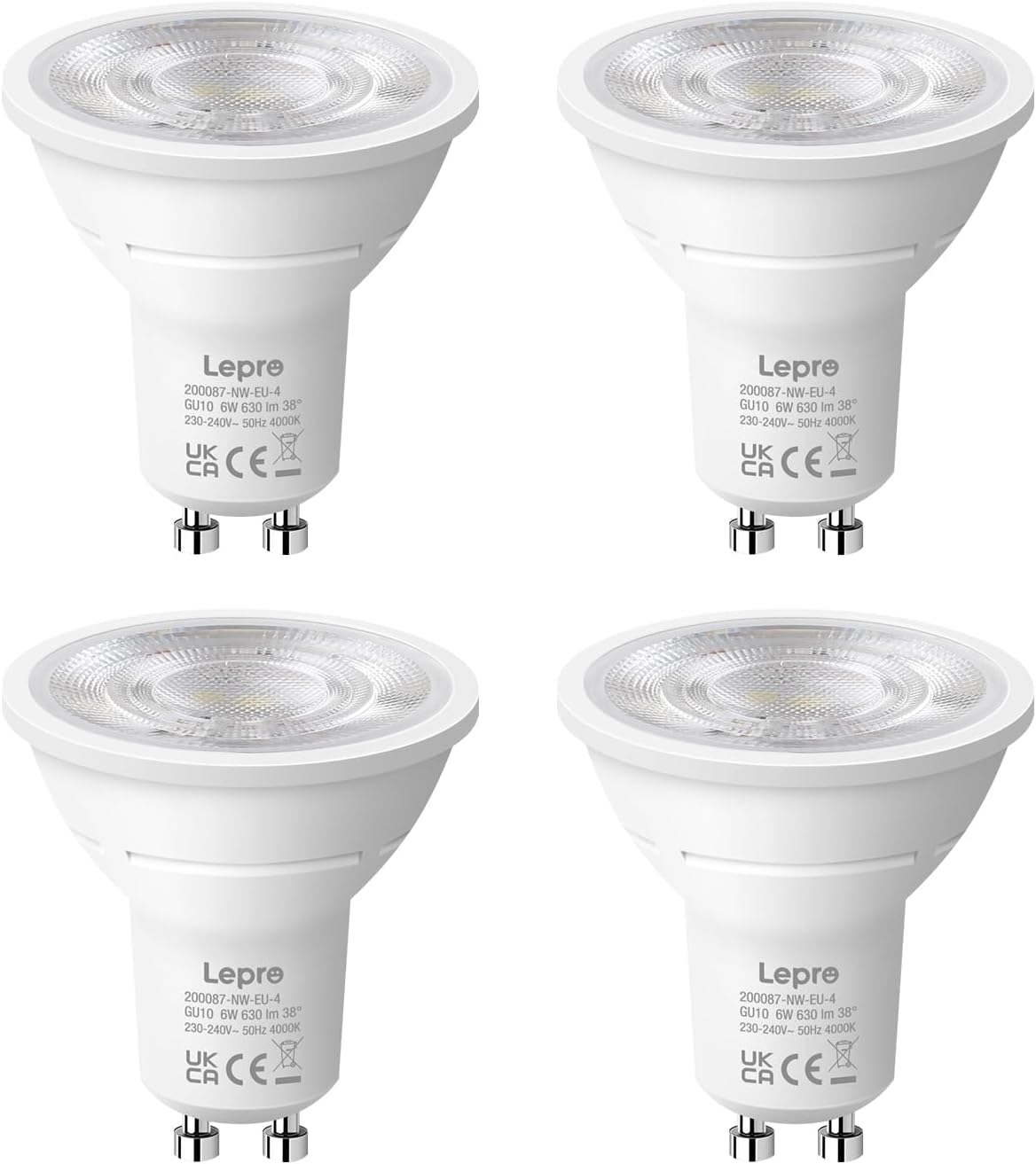 Lepro GU10 LED Neutralweiß 6W Lampe, 4000K Neutralweiß, 630 Lumen, 38° Abstrahlwinkel, Nicht dimmbar Reflektorlampe, Energiesparendes GU10 LED Leuchtmittel für Büro, Küche, Flur, 4 Stück