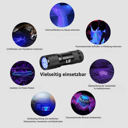 LE LED UV Schwarzlicht Taschenlampe mit 9 LEDs, mini UV Lampe Ultraviolettes Licht mit 395nm für Geocaching, Heimtierurindetektoren, Haustiere Urin-Detektor usw. Inklusive 3 AAA Batterien