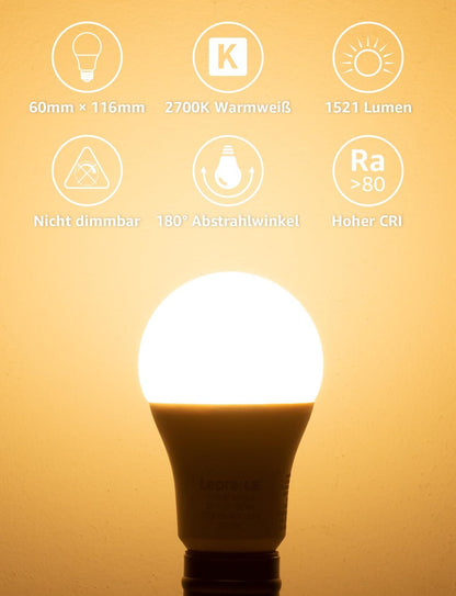 Lepro 13.5W E27 LED Warmweiss, ersetzt 100W Halogenlampe, 1521 Lumen Glühbirne E27, 2700K Warmweiß A60 LED Birne, 200° Energiesparlampe, Nicht Dimmbar, 6 Stück [Energieklasse E]