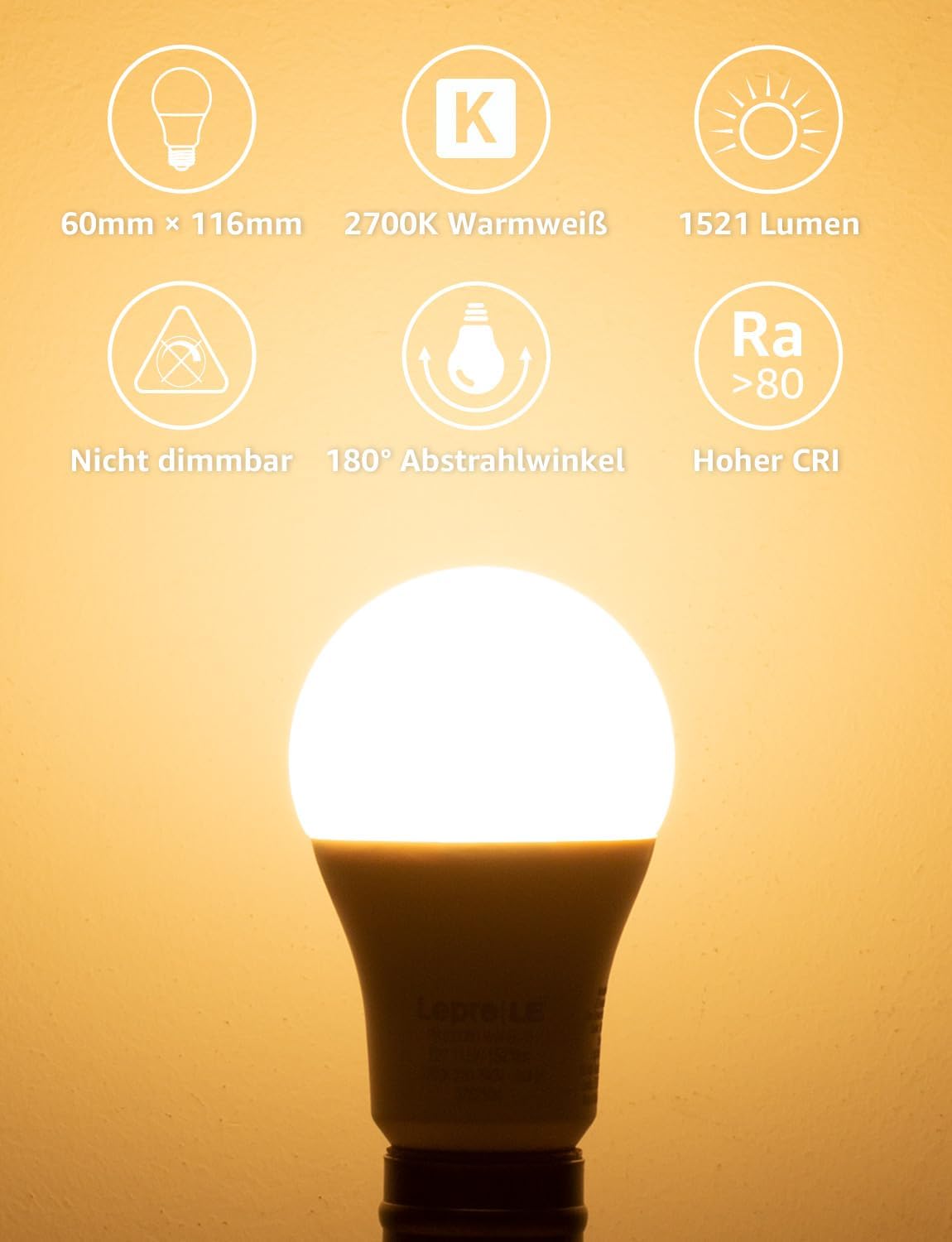 Lepro 13.5W E27 LED Warmweiss, ersetzt 100W Halogenlampe, 1521 Lumen Glühbirne E27, 2700K Warmweiß A60 LED Birne, 200° Energiesparlampe, Nicht Dimmbar, 12 Stück [Energieklasse E]