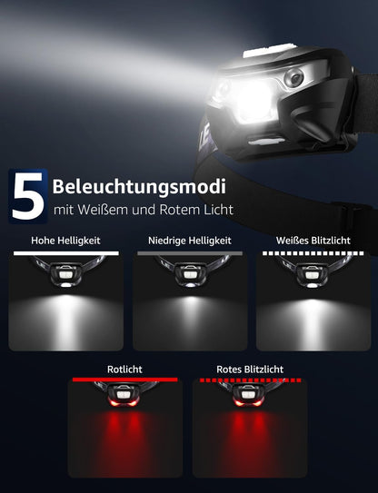 LE Stirnlampe Wiederaufladbar, 1300 Lux Superhell Kopflampe mit Rotlicht, 5 Lichtmodi, IPX4 wasserdichte Mini LED Stirnlampe Stirnleuchte, 2er USB Headlamps für Angeln Campen Joggen
