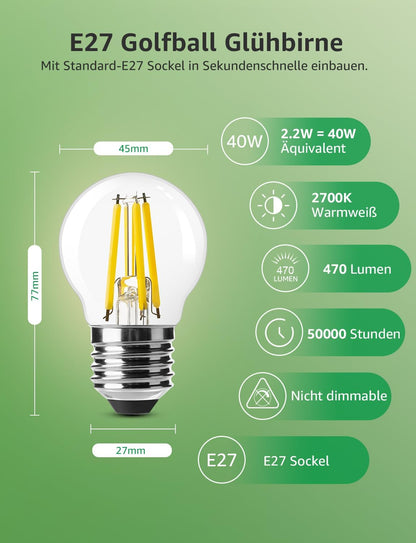 Lepro Energieklasse A E27 LED Warmweiss, 2.2W 470 Lumen Glühbirne E27, Nicht Dimmbar, G45 Led Birne, 2700 Kelvin Warmweiß, 300° Abstrahlwinkel Energiesparlampe, ersetzt 40W Leuchtmittel, 2 Stück