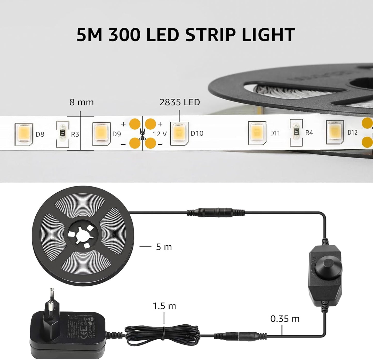 Lepro LED Strip 5M, Warmweiß 3000K Dimmbar, 300 LEDs, 12V Selbstklebend, IP20 Band, Flexible DIY Leiste, Lichtband Kette Mit Netzteil für Innen Küche Dekoration