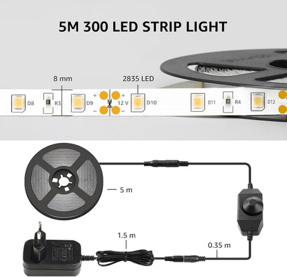 Lepro LED Strip 5M, Warmweiß 3000K Dimmbar, 300 LEDs, 12V Selbstklebend, IP20 Band, Flexible DIY Leiste, Lichtband Kette Mit Netzteil für Innen Küche Dekoration