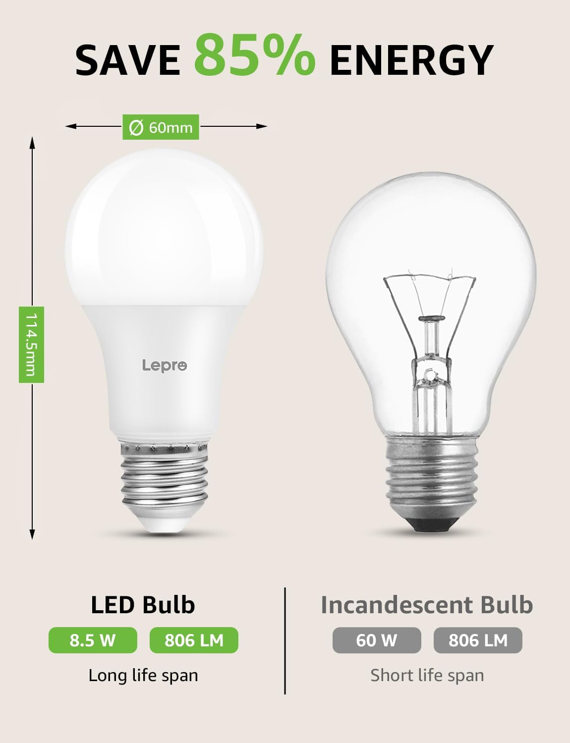 Lepro E27 LED Warmweiss Dimmbar Glühbirne, 8.5 Watt 806 Lumen Leuchtmittel, ersetzt 60W Halogenlampe, 2700K Warmweiß, A60 LED Birne Lampe, 180°Abstrahlwinkel, Energiesparlampe, 6 Stück