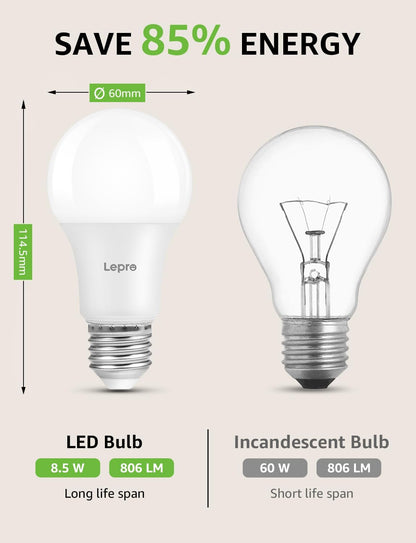 Lepro E27 LED Warmweiss Dimmbar Glühbirne, 8.5 Watt 806 Lumen Leuchtmittel, ersetzt 60W Halogenlampe, 2700K Warmweiß, A60 LED Birne Lampe, 180°Abstrahlwinkel, Energiesparlampe, 6 Stück