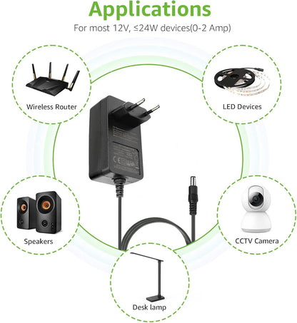 LE LED Trafo 12V Netzteil DC, LED Strip EU Stecker 12 Volt 2A Adapter Power Supply für SMD 3528/5050 LED Streifen, AC 100-240 Netzadapter, 24W Maximal Steckernetzteil, Transformator Strom für Band