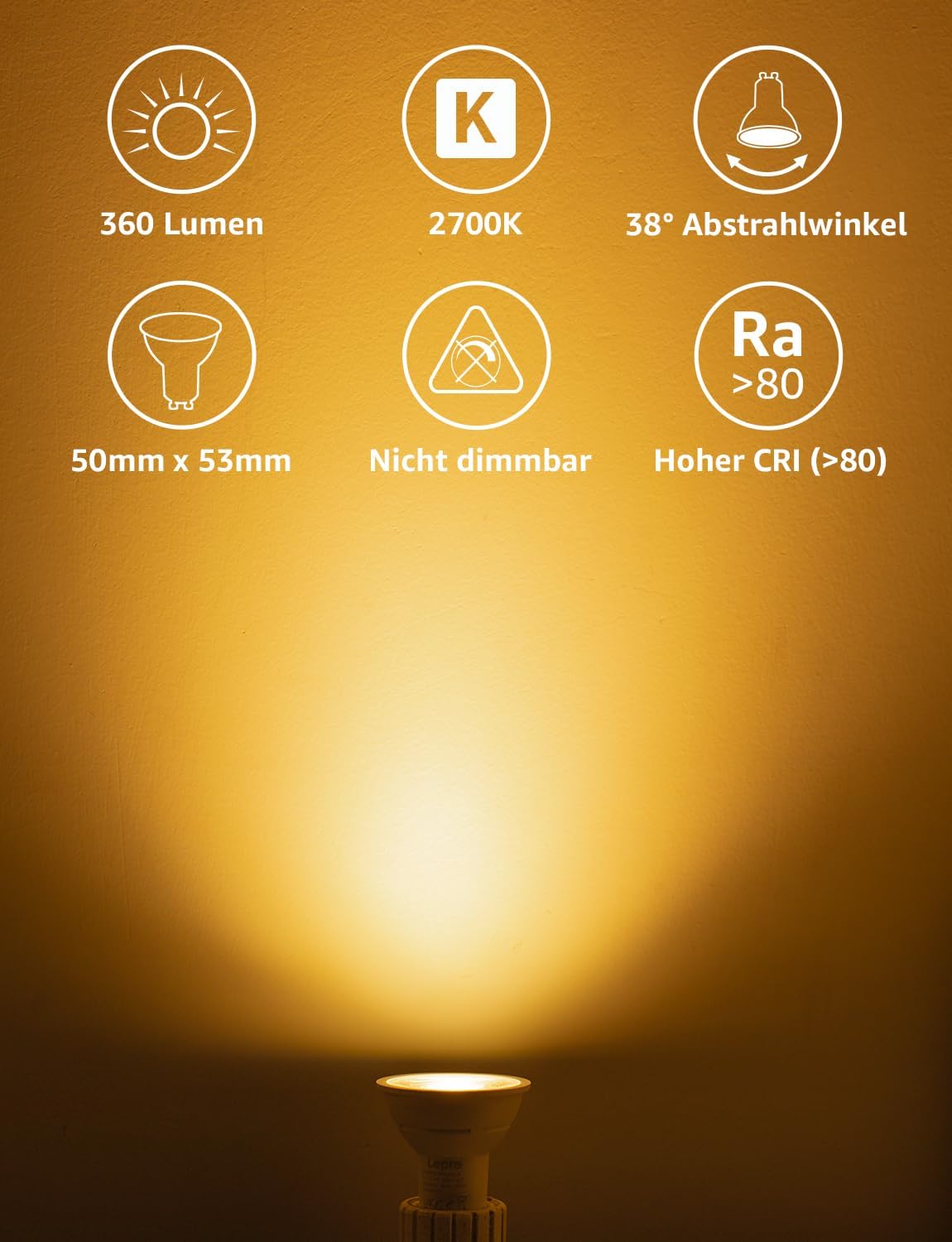 Lepro GU10 LED Warmweiss 2W Lampe, 2700K Warmweiß, 360 Lumen, 38° Abstrahlwinkel, Nicht dimmbar Reflektorlampe, Energiesparendes GU10 LED Leuchtmittel für Wohnzimmer, Küche, Schlafzimmer,4 Stück