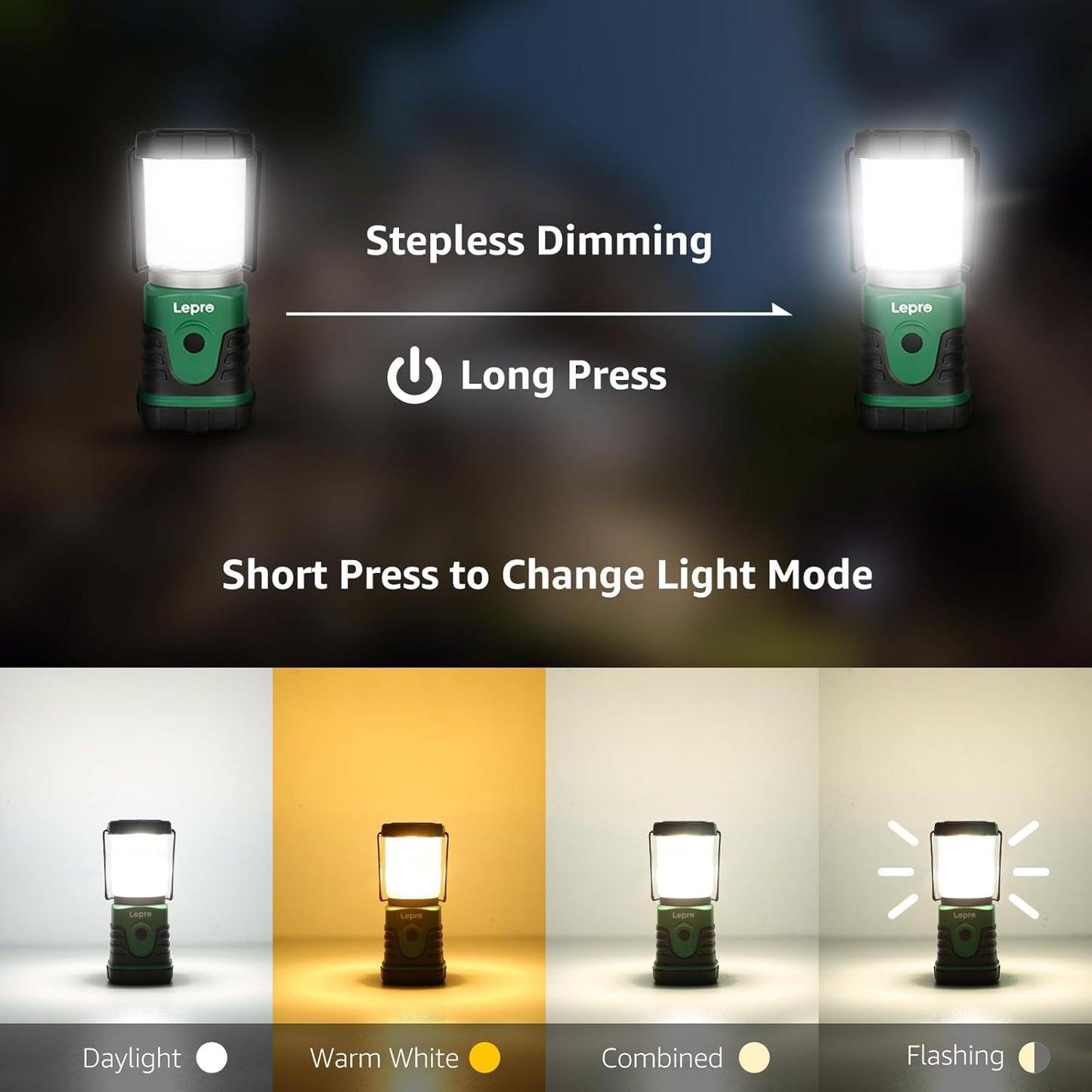 Lepro LED Campinglampe, Mini Camping Laterne, 350LM, 4 Lichtmodi, 3 AA Batterie batteriebetriebene Suchscheinwerfer Camping Lampen mit Bügel & Haken, Batterie nicht enthalten