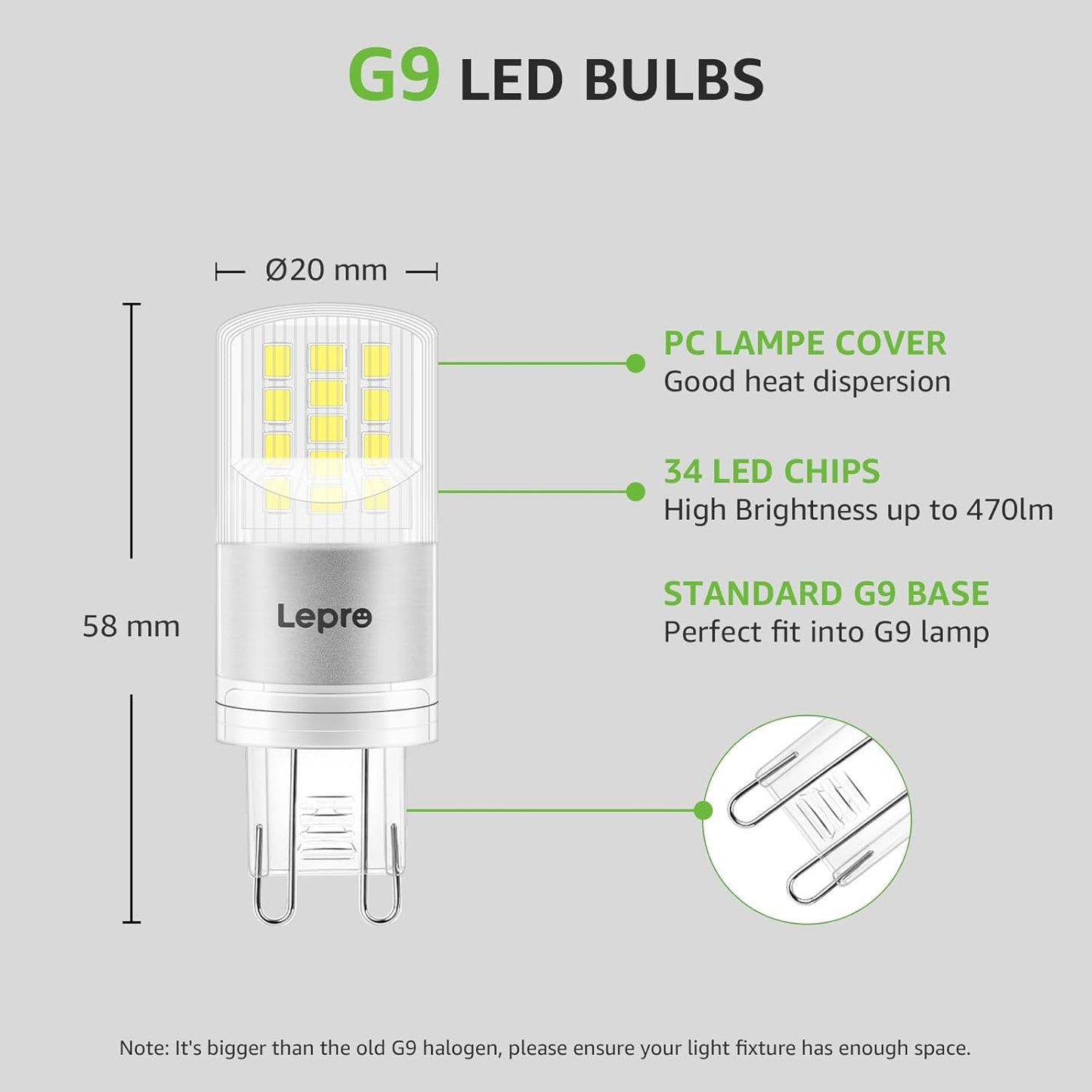 Lepro G9 LED Lampe, 3.8W 470 Lumen G9 Glühbirne, Kein Flackern und 6000k Kaltweiß G9 LED Leuchtmittel Birne Ersatz 40W G9 Halogenlampe, 300° Abstrahlwinkel, Nicht Dimmbar 5er Pack