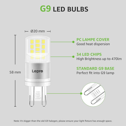 Lepro G9 LED Lampe, 3.8W 470 Lumen G9 Glühbirne, Kein Flackern und 6000k Kaltweiß G9 LED Leuchtmittel Birne Ersatz 40W G9 Halogenlampe, 300° Abstrahlwinkel, Nicht Dimmbar 5er Pack