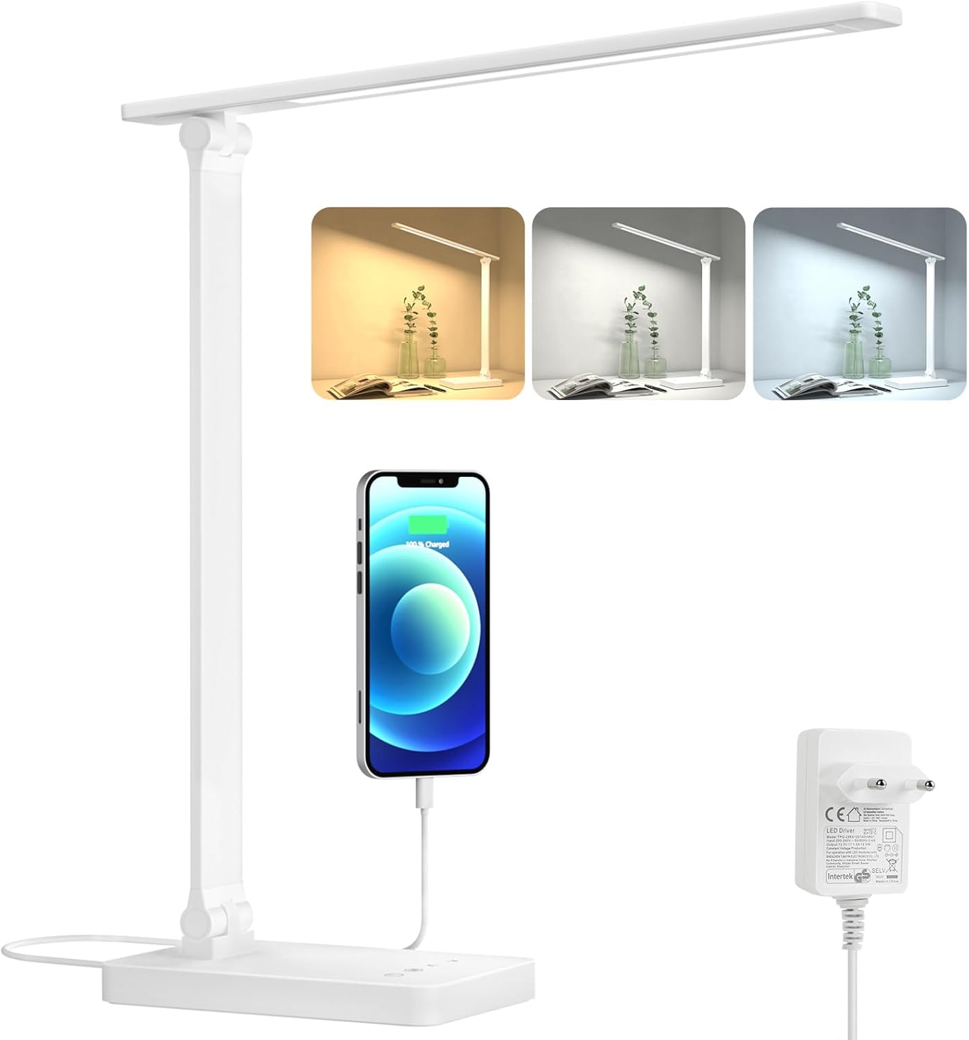Lepro Schreibtischlampe, LED Tischlampe Dimmbar, Nachttischlampe 800LM 3 Farben und 5 Helligkeitsstufen, Tageslichtlampe Augenschutz, Tischleuchte, Schreibtisch Lampe für Kinder, Büro, Weiß