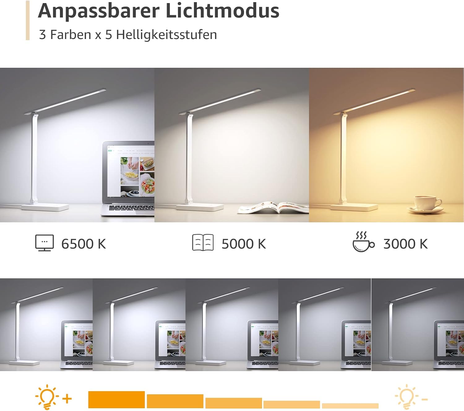 Lepro Schreibtischlampe, LED Tischlampe 15W, 655LM Tischleuchte 3 Farben und 5 Helligkeitsstufen Dimmbar mit USB-Anschluss, Schreibtischleuchte Augenschutz, Leselicht für Zimmer Büro, Weiß