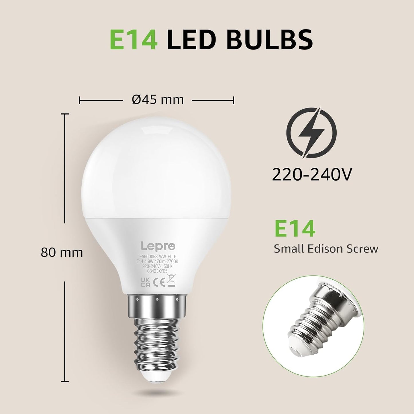 Lepro E14 LED Lampe, 6er-Pack, 4.9W 470 Lumen Glühbirne,entspricht 40W Glühlampe, 2700 Kelvin Warmweiß, P45 180° Abstrahlwinkel Energiesparlampe