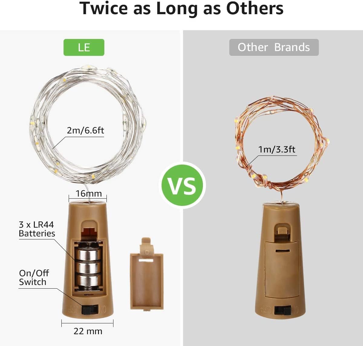 LE Flaschenlicht, 20 LEDs Weinflaschen Lichterkette, 8 Stück 2M Batteriebetrieben Flaschenlichterkette mit Kork, Kupferdraht Lichterketten für Zimmer Außen Innen Weihnachten Party Deko, Warmweiß