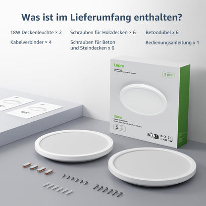 Lepro Deckenlampe 18W, IP44 Wasserfest Deckenleuchte，3000K 1800LM Badezimmer Lampe, Warmweiß Deckenleuchte Badezimmer, ideal Badezimmerlampe Decke für Bad Schlafzimmer Flur Wohnzimmer, Ø22cm, 2 Stücke