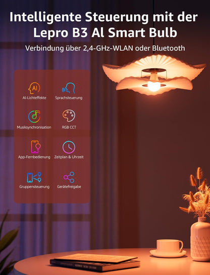 Lepro Al Smart Glühbirne B3, E27 WLAN/Bluetooth Smart Bulb 1521lm Dimmbar, Foto-zu-Licht, Personalisierter KI-Lichtdesigner, Sprachsteuerung/Musik Sync, Kompatibel mit Alexa/Google Assistant, 4 Stück