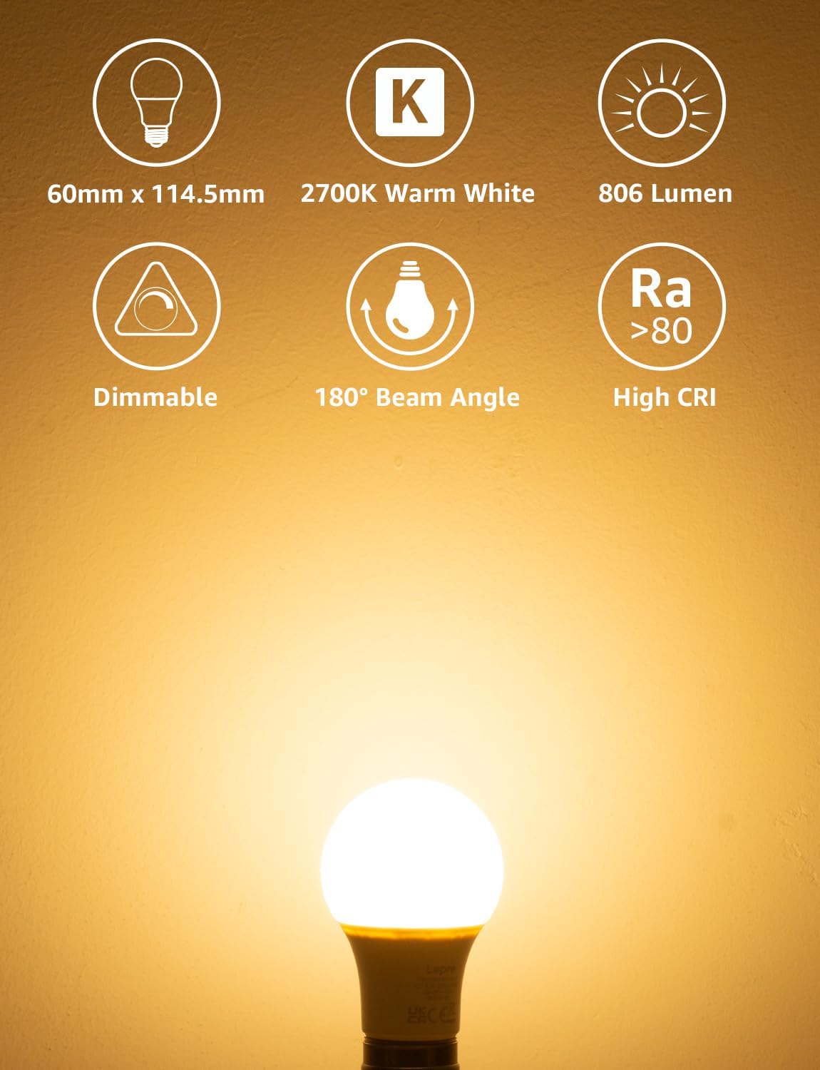 Lepro E27 LED Warmweiss Dimmbar Glühbirne, 8.5 Watt 806 Lumen Leuchtmittel, ersetzt 60W Halogenlampe, 2700K Warmweiß, A60 LED Birne Lampe, 180°Abstrahlwinkel, Energiesparlampe, 6 Stück