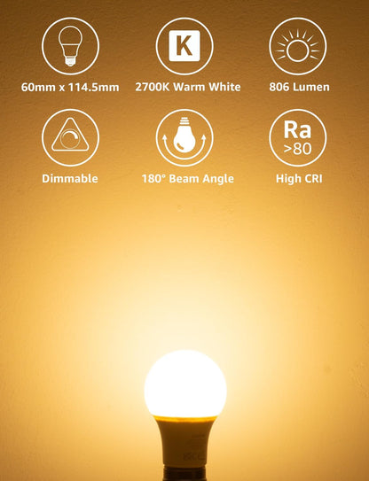 Lepro E27 LED Warmweiss Dimmbar Glühbirne, 8.5 Watt 806 Lumen Leuchtmittel, ersetzt 60W Halogenlampe, 2700K Warmweiß, A60 LED Birne Lampe, 180°Abstrahlwinkel, Energiesparlampe, 6 Stück