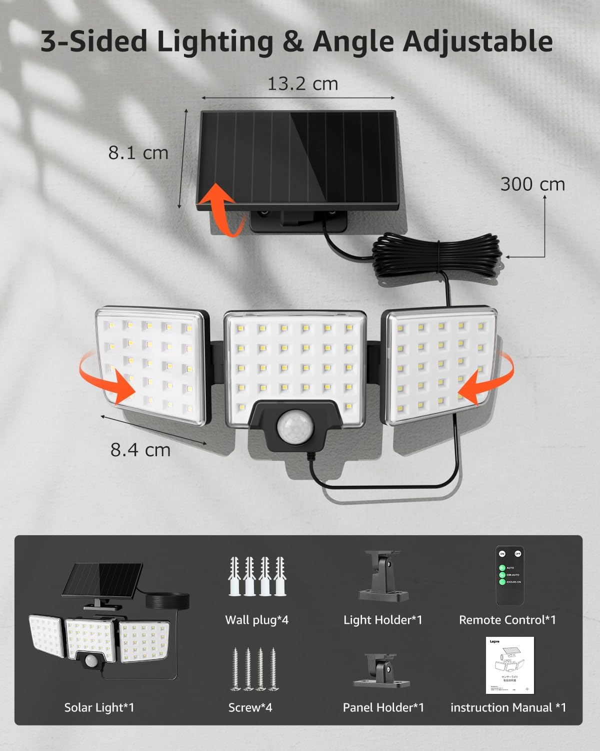 Lepro Solarlampen mit Bewegungsmelder Solar Außenleuchte Led Solar Strahler für Außen, mit Fernbedienung, 2 in 1, Separiert und Integriert, mit 2 Lichtmodi, IP65, für Hof, Garage, Solarleucht