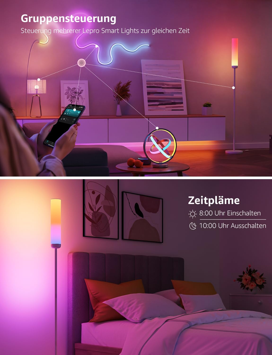 Lepro O1 AI Smart Stehlampe Wohnzimmer 2300LM, Stehlampe Dimmbar 22W RGBCCT, Sprachsteuerung/Musik Sync/DIY, Personalisierter KI-Lichtdesigner, Kompatibel mit Alexa/Google, WiFi & Bluetooth