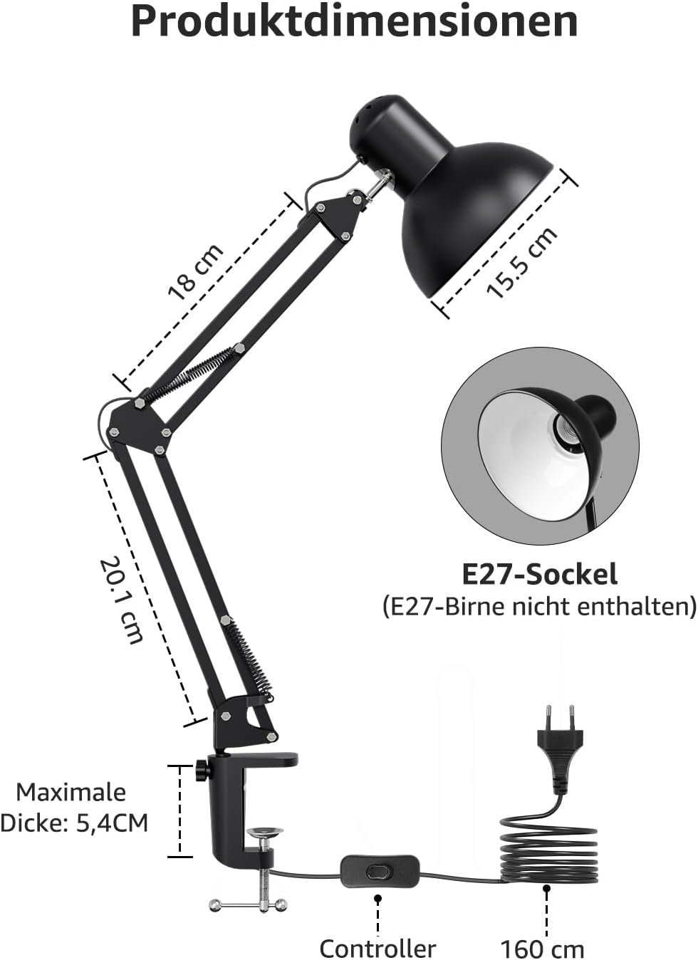 Lepro Schreibtischlampe Retro, Klemmbare Tischlampe E27, LED B¨¹ro Leselampe Nachttischlampe Verstellbare, Gelenk-Arm, schwenkbar, Tageslichtlampe Schreibtisch leuchte, HxBxT: 38 x 15 x 27cm, Schwarz