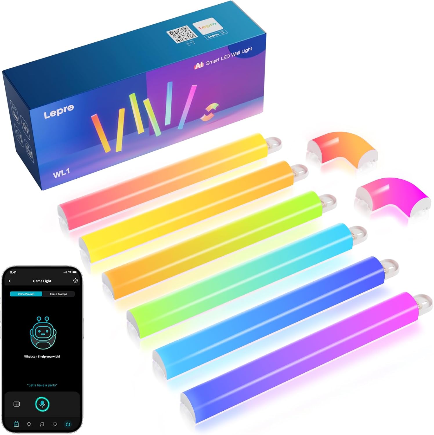 Lepro AI Glide Wall Light WL1, Wandleuchte mit Eingebautes Spracherkennung, Musik Sync, unterstützt Alexa & Google Assistant, KI-Lichtdesign-Assistent für Gaming Party Wand Deko, 6 Stück und 2 Ecke