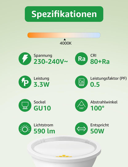 Lepro Energieklasse A GU10 LED Neutralwei? Lampe, 3.3W 4000K 590lm, Nicht Dimmbar Leuchtmittel, Energiesparendes GU 10 LED Spot, 100¡ã Abstrahlwinkel f¨¹r K¨¹che, Badezimmer, Arbeitsfl?che, 5 St¨¹ck