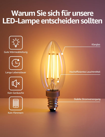 Lepro Energieklasse A E14 LED warmweiss Lampe 2.2W 470 Lumen C35 2700K Warmwei? LED Gl¨¹hbirne, entspricht 40W Gl¨¹hlampe, 300¡ã Abstrahlwinkel Nicht Dimmbar Energiesparlampe, 4er-Pack