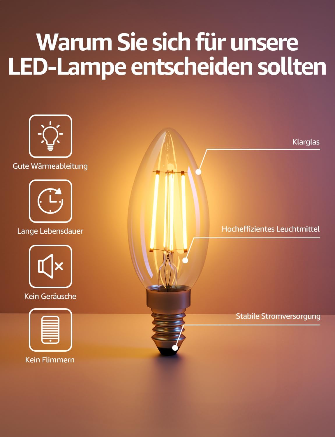 Lepro Energieklasse A E14 LED warmweiss Lampe 2.2W 470 Lumen C35 2700K Warmwei? LED Gl¨¹hbirne, entspricht 40W Gl¨¹hlampe, 300¡ã Abstrahlwinkel Nicht Dimmbar Energiesparlampe, 2er-Pack