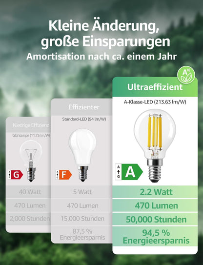 Lepro Energieklasse A E14 LED warmweiss Lampe 2.2W 470 Lumen P45 2700K Warmweiß LED Glühbirne,entspricht 40W Glühlampe,300° Abstrahlwinkel Nicht Dimmbar Energiesparlampe, 2er-Pack
