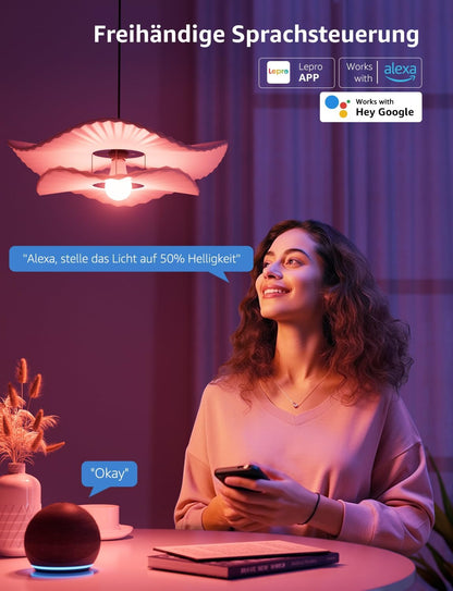 Lepro AI Smart Glühbirne B1, E27 Lampe 8.5W 806lm Dimmbar, Personalisierter KI-Lichtdesigner, Sprachsteuerung/Musik Sync, WiFi & Bluetooth Smart Bulb, Kompatibel mit Alexa/Google Assistant, 4 Stück