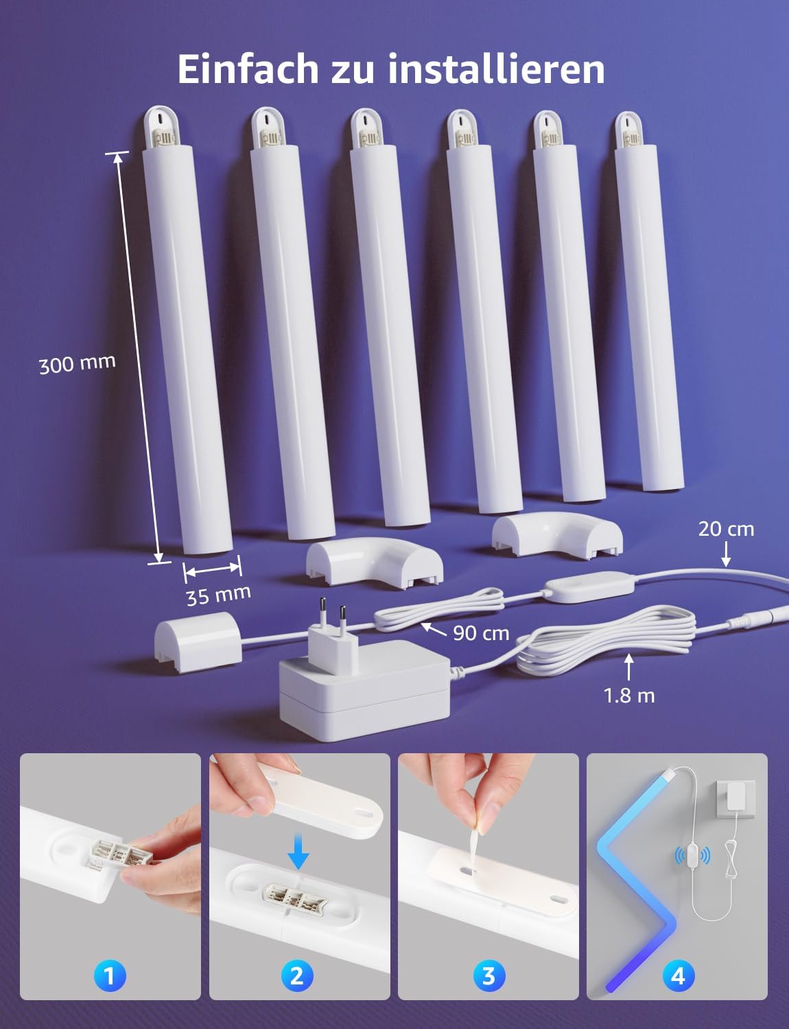 Lepro AI Glide Wall Light WL1, Wandleuchte mit Eingebautes Spracherkennung, Musik Sync, unterstützt Alexa & Google Assistant, KI-Lichtdesign-Assistent für Gaming Party Wand Deko, 6 Stück und 2 Ecke