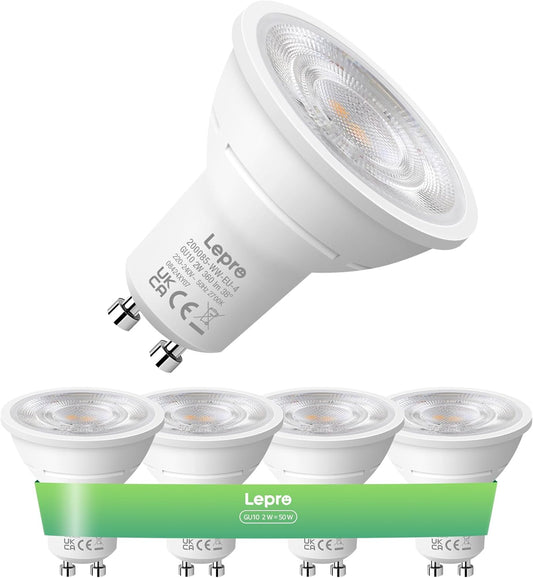 Lepro GU10 LED Warmweiss 2W Lampe, 2700K Warmweiß, 360 Lumen, 38° Abstrahlwinkel, Nicht dimmbar Reflektorlampe, Energiesparendes GU10 LED Leuchtmittel für Wohnzimmer, Küche, Schlafzimmer,4 Stück