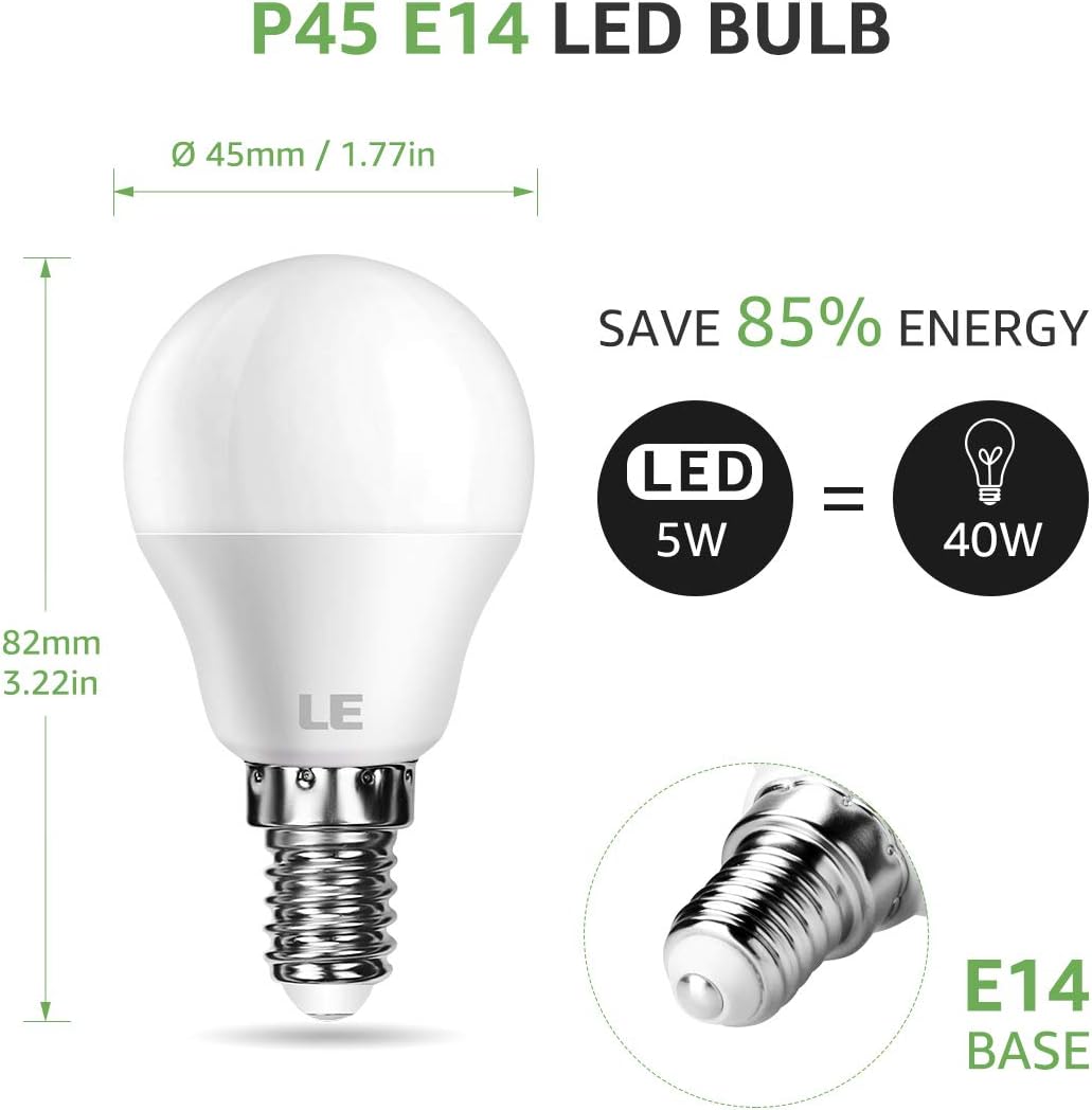 LE E14 LED Lampe, 5W 470 Lumen Glühbirne,entspricht 40W Glühlampe, 2700 Kelvin Warmweiß, P45 200° Abstrahlwinkel Energiesparlampe
