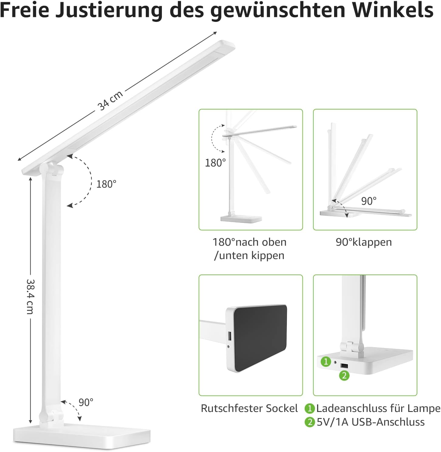 Lepro Schreibtischlampe, LED Tischlampe 15W, 655LM Tischleuchte 3 Farben und 5 Helligkeitsstufen Dimmbar mit USB-Anschluss, Schreibtischleuchte Augenschutz, Leselicht für Zimmer Büro, Weiß