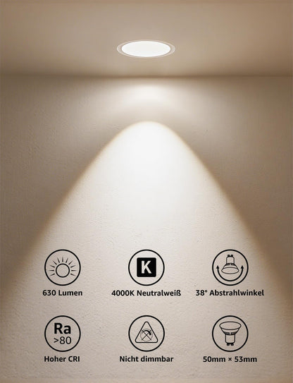 Lepro GU10 LED Neutralweiß 6W Lampe, 4000K Neutralweiß, 630 Lumen, 38° Abstrahlwinkel, Nicht dimmbar Reflektorlampe, Energiesparendes GU10 LED Leuchtmittel für Büro, Küche, Flur, 8 Stück